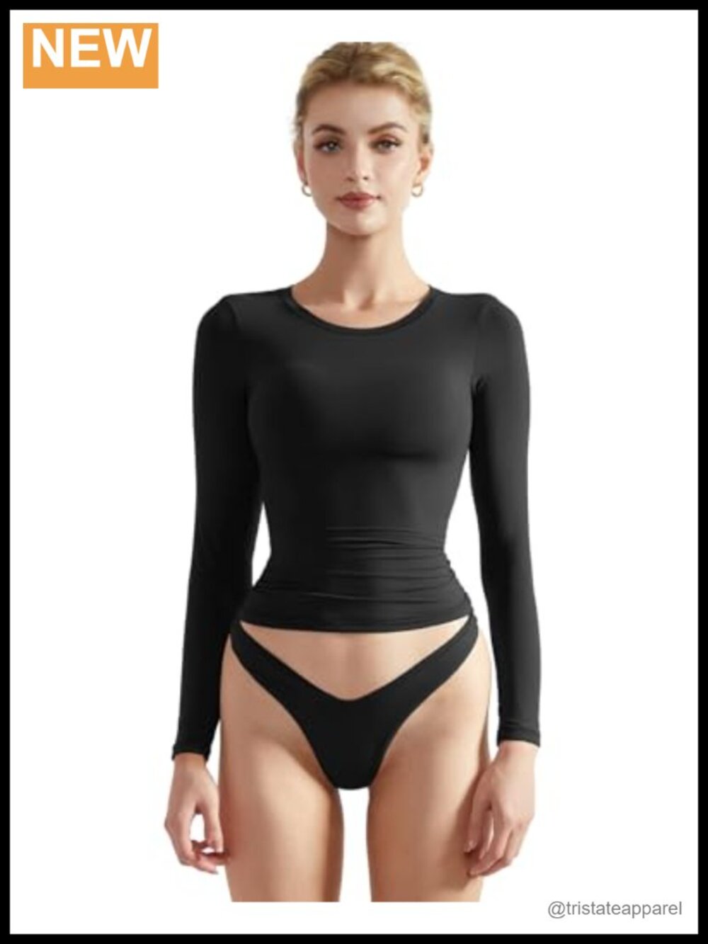 Women Double Lined Fitted Long Sleeve Crew Neck Crop Top Tee